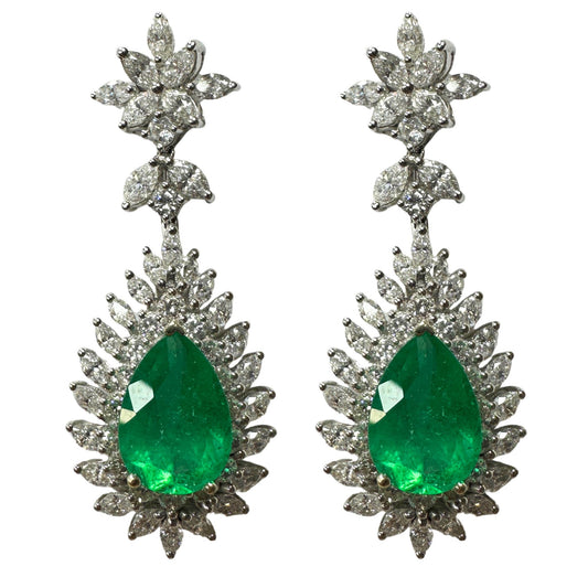 18k Marquise Cut Diamond and Pear Cut Emerald Earrings