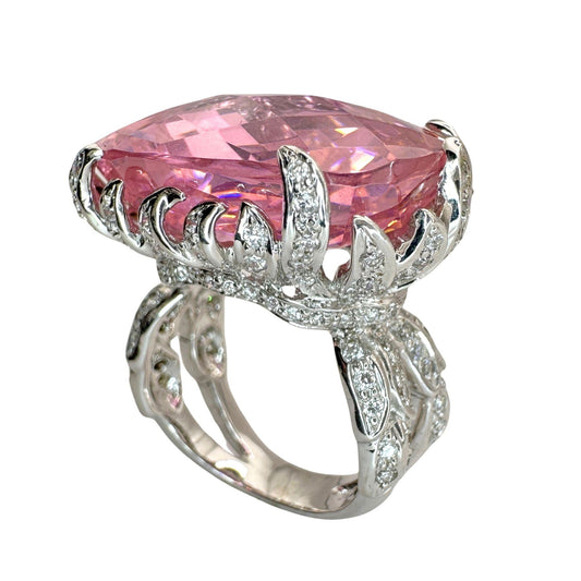 18k Diamond and Checkered Pink Stone Center Cocktail Ring