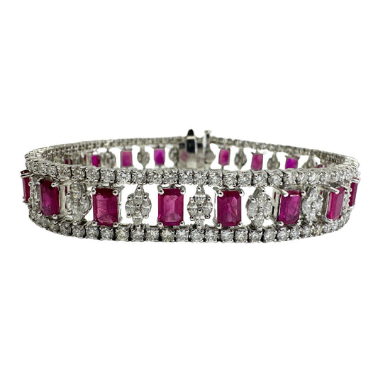 18K White Gold 10.36 Carat Emerald Cut Ruby and Diamond Bracelet - 7.5 in.