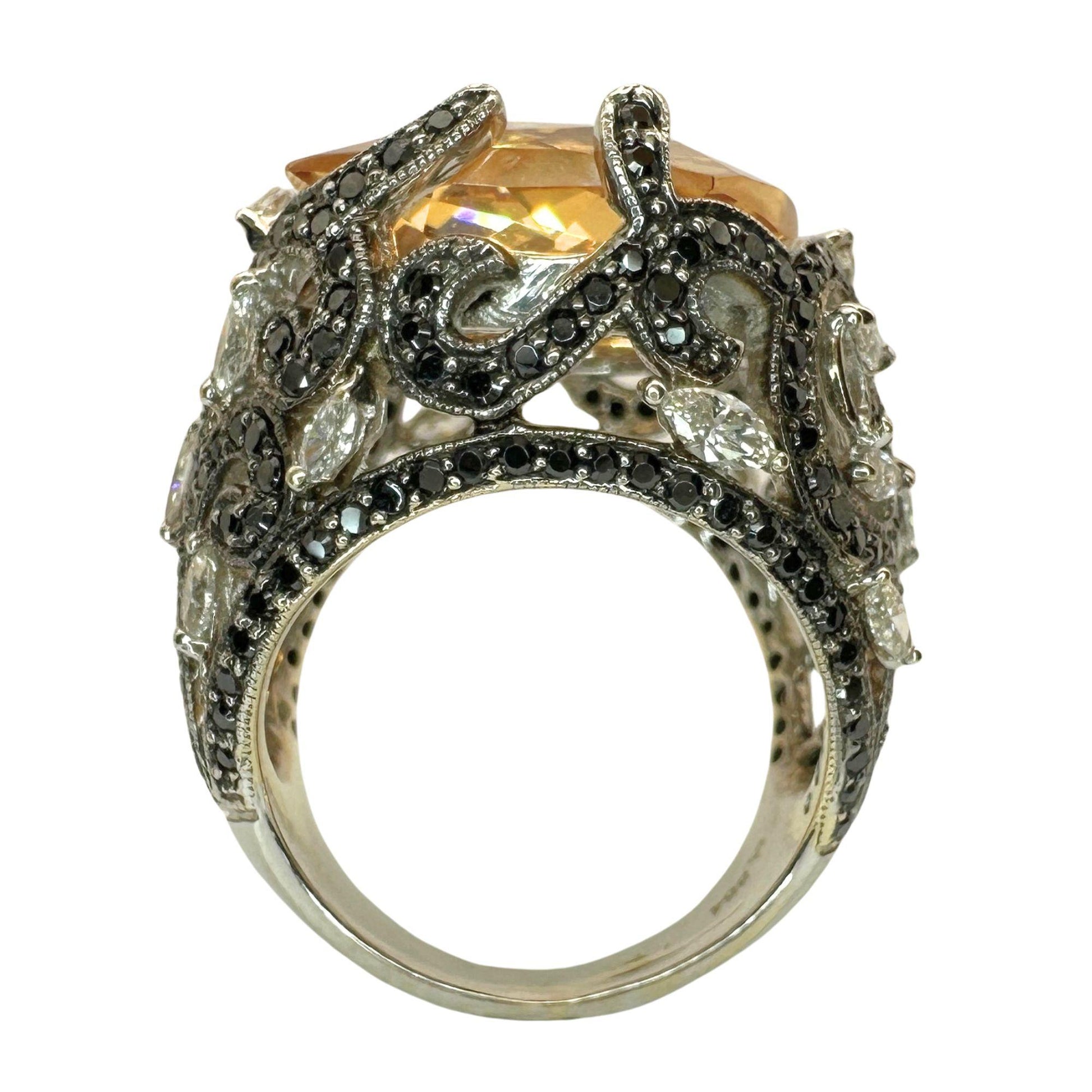 18k White Marquise Diamond and Black Diamond and Orange Stone Cocktail Ring