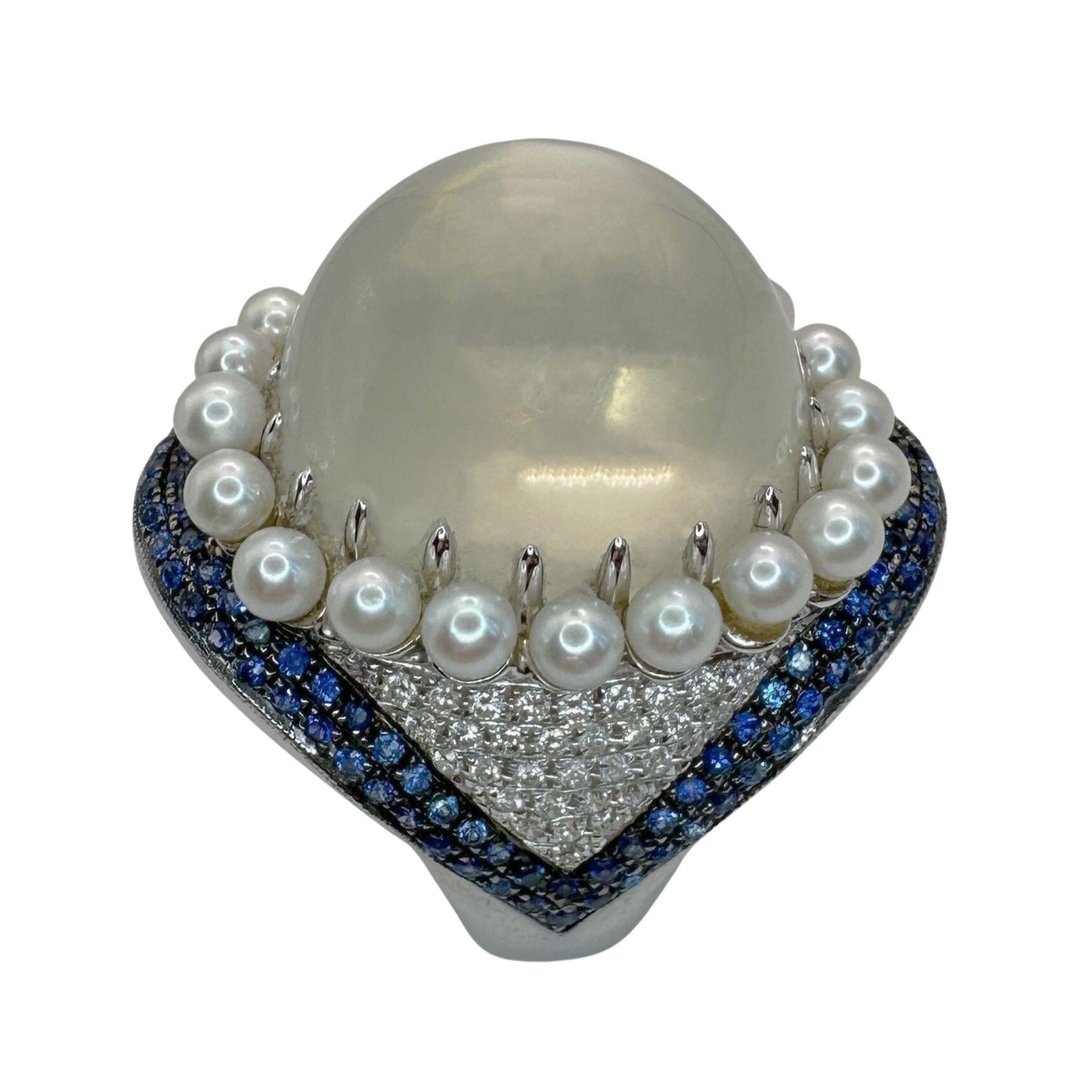 18k White Gold Pearl, Diamond, Sapphire and Moonstone Cocktail Ring