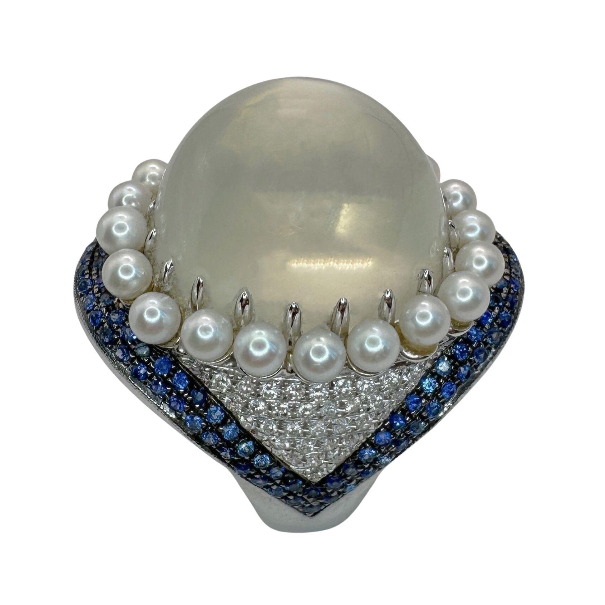 18k White Gold Pearl, Diamond, Sapphire and Moonstone Cocktail Ring