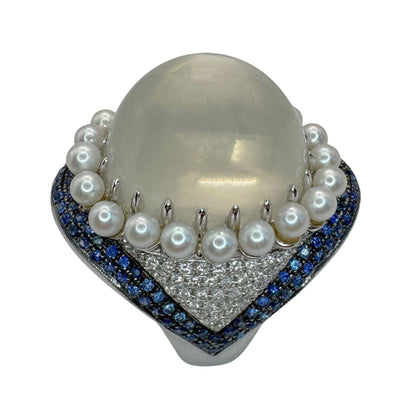 18k White Gold Pearl, Diamond, Sapphire and Moonstone Cocktail Ring