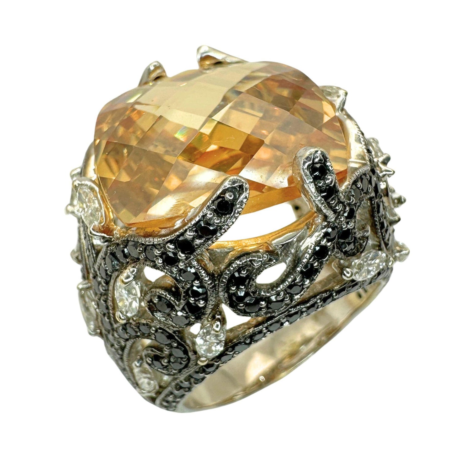 18k White Marquise Diamond and Black Diamond and Orange Stone Cocktail Ring