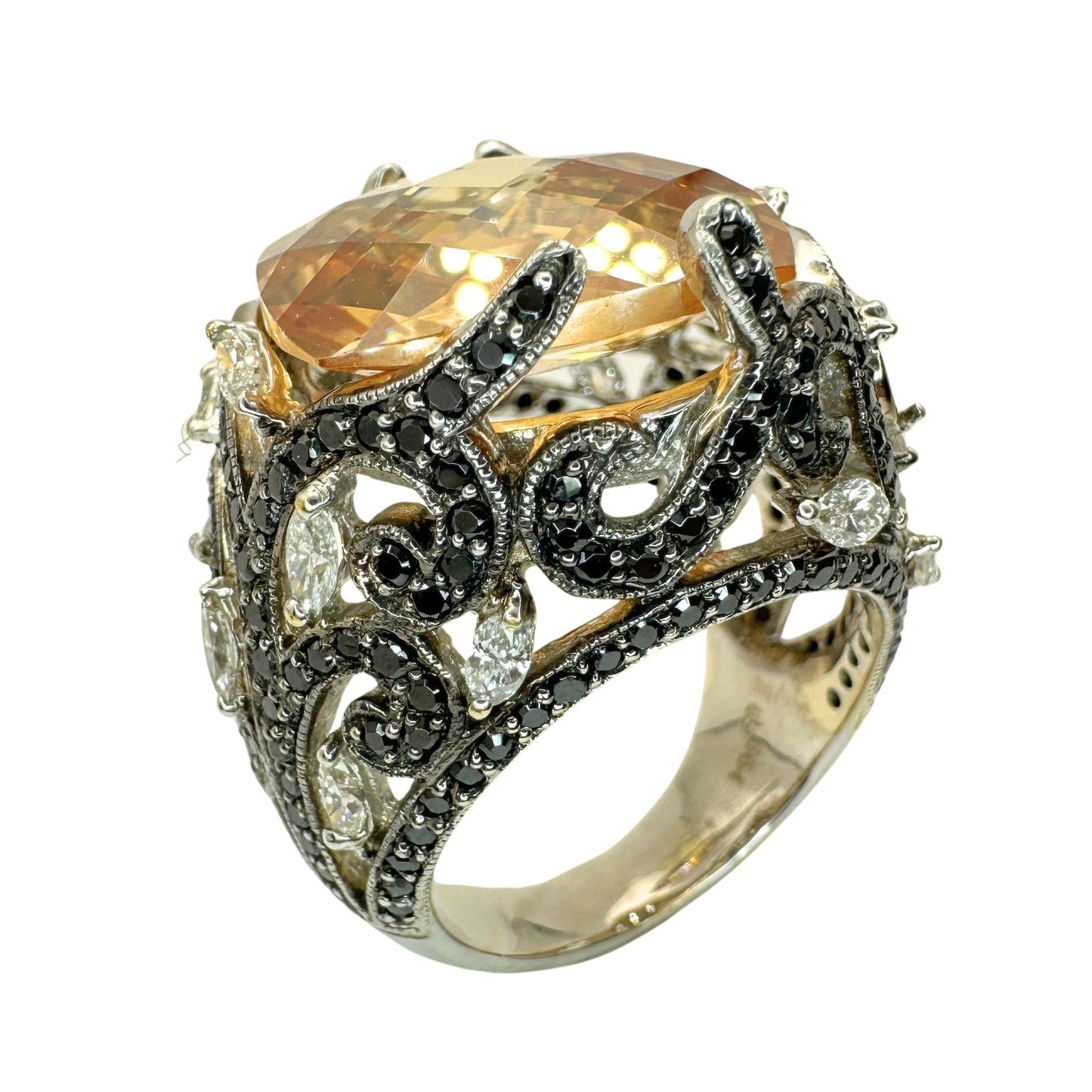 18k White Marquise Diamond and Black Diamond and Orange Stone Cocktail Ring