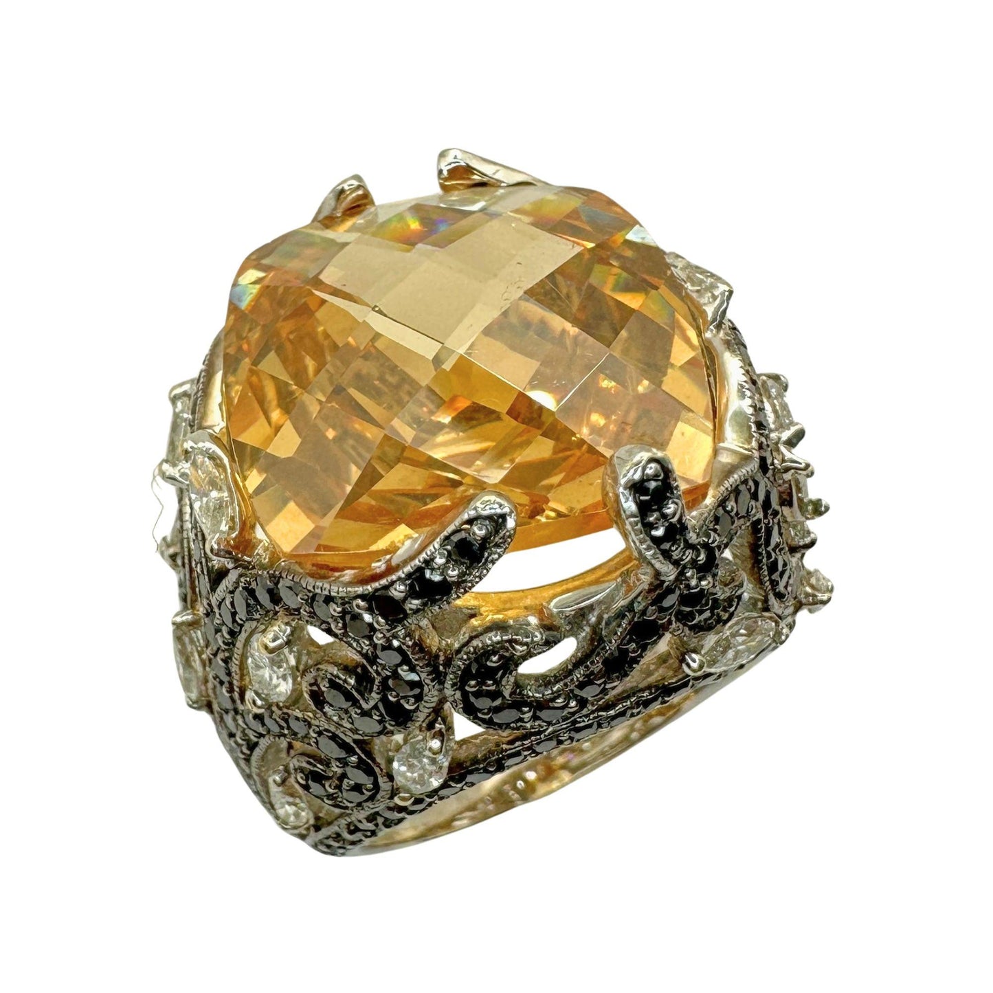 18k White Marquise Diamond and Black Diamond and Orange Stone Cocktail Ring