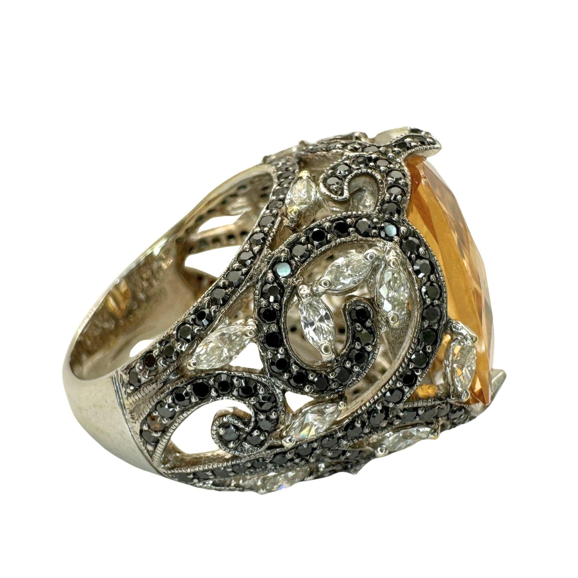 18k White Marquise Diamond and Black Diamond and Orange Stone Cocktail Ring