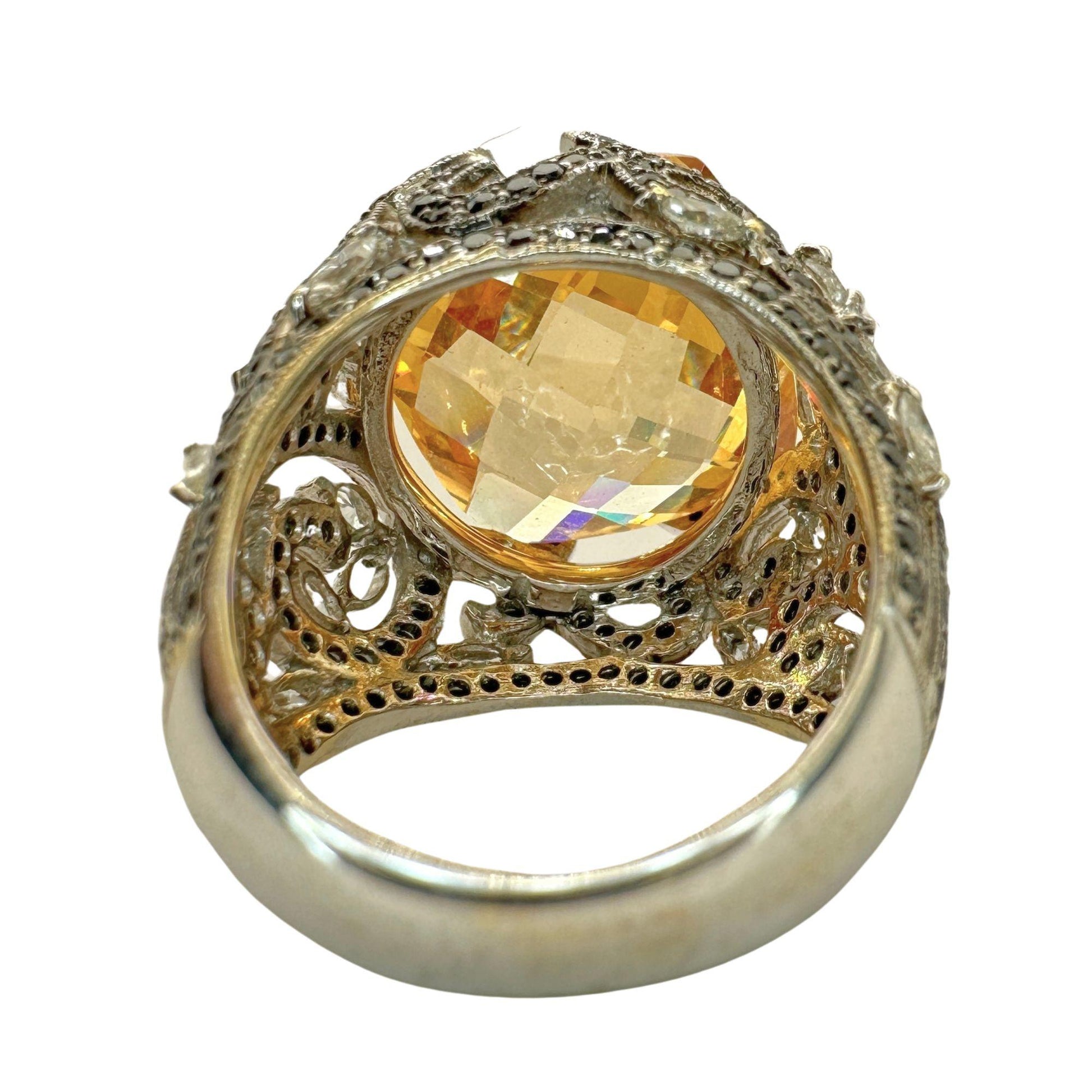 18k White Marquise Diamond and Black Diamond and Orange Stone Cocktail Ring