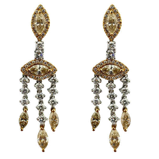 18k White and Yellow Gold Marquise Diamond Drop Earrings