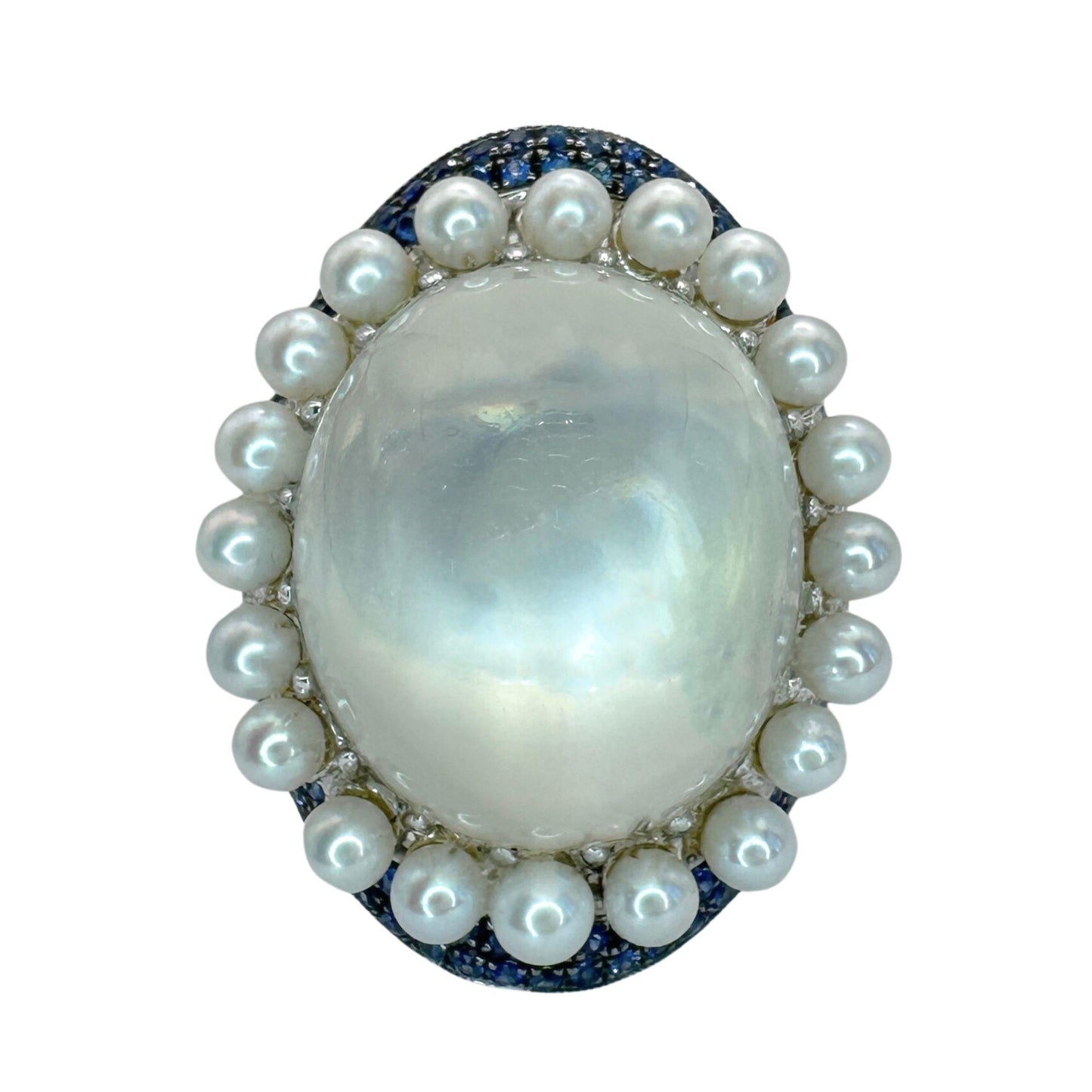 18k White Gold Pearl, Diamond, Sapphire and Moonstone Cocktail Ring