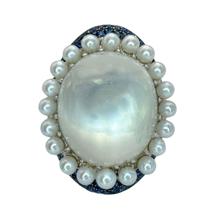 18k White Gold Pearl, Diamond, Sapphire and Moonstone Cocktail Ring