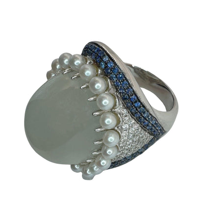 18k White Gold Pearl, Diamond, Sapphire and Moonstone Cocktail Ring