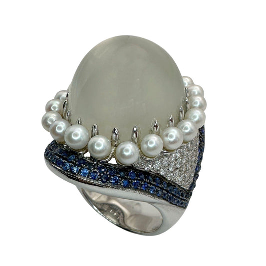 18k White Gold Pearl, Diamond, Sapphire and Moonstone Cocktail Ring