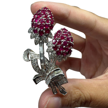 18K Diamond and Ruby Flower Brooch