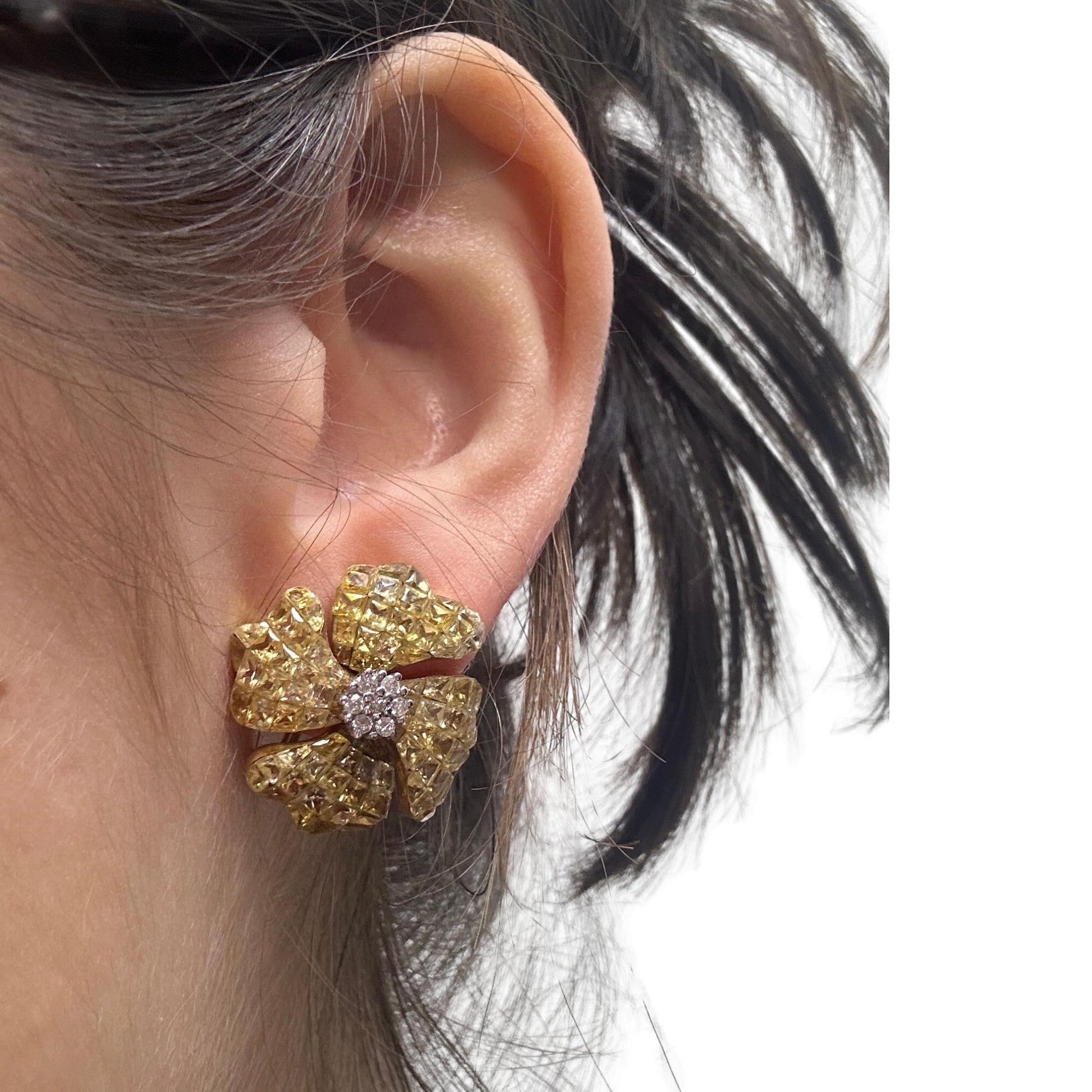 18K Yellow Gold Diamond and Yellow Sapphire Flower Earrings