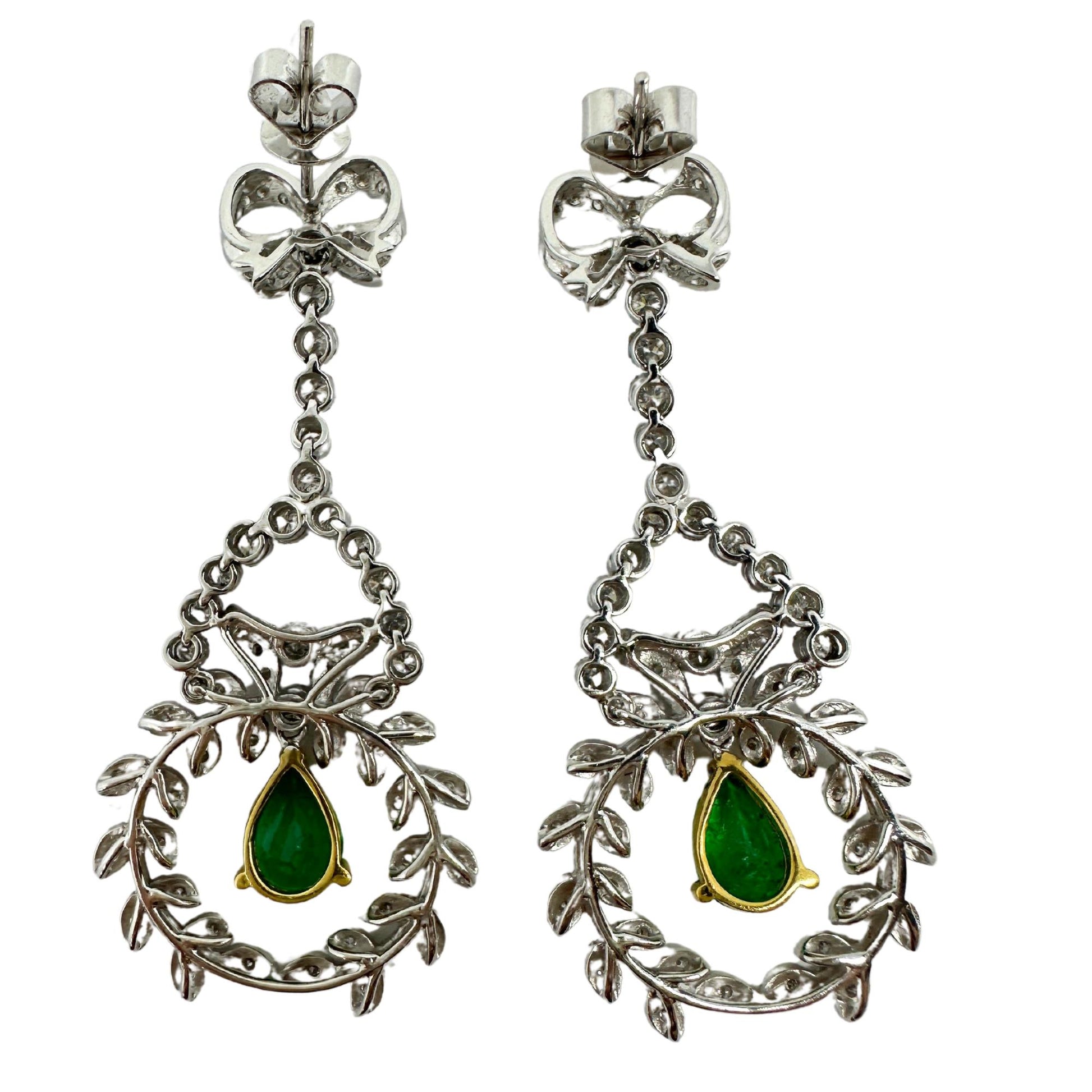 18K White Gold Diamond and Pear Cut Emerald Earrings