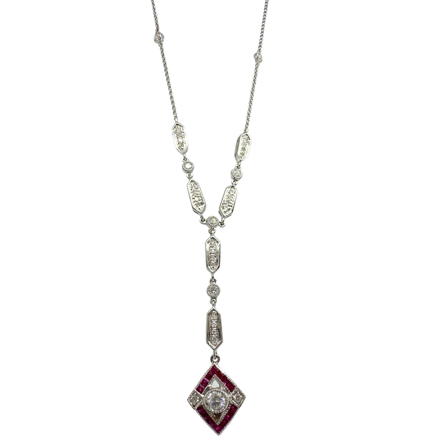 Estate 18K White Gold Diamond and Ruby Y-Necklace