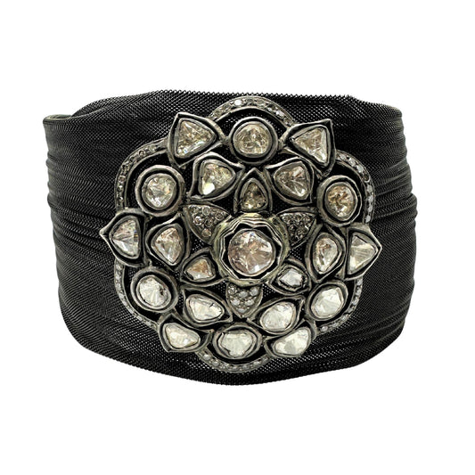 14K, Silver and Blackened Steel Mesh Rose Cut Diamond Bracelet