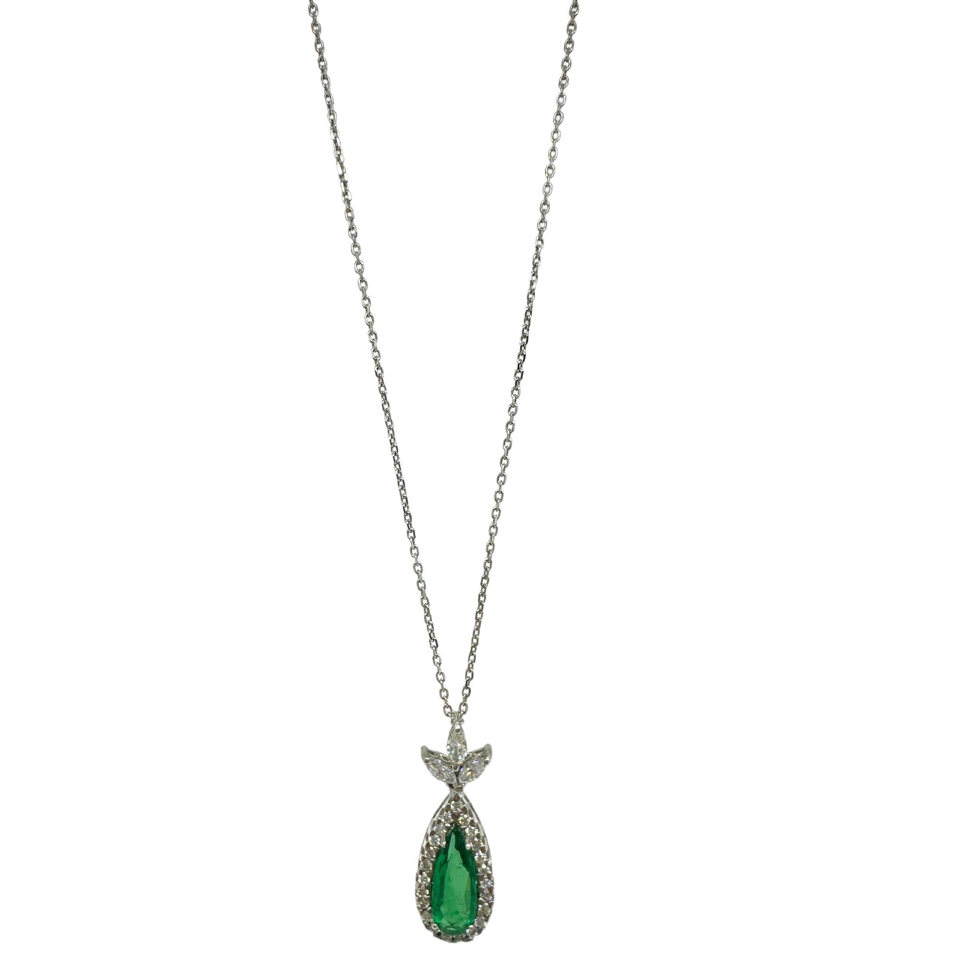 18K White Gold Marquise Cut Diamond and Pear Cut Emerald Pendant Necklace