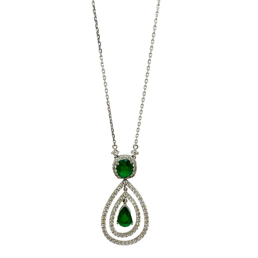 18K White Gold Oval and Pear Cut Emerald and Diamond Necklace