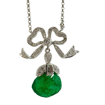 18K White Gold Emerald and Diamond Bow Necklace