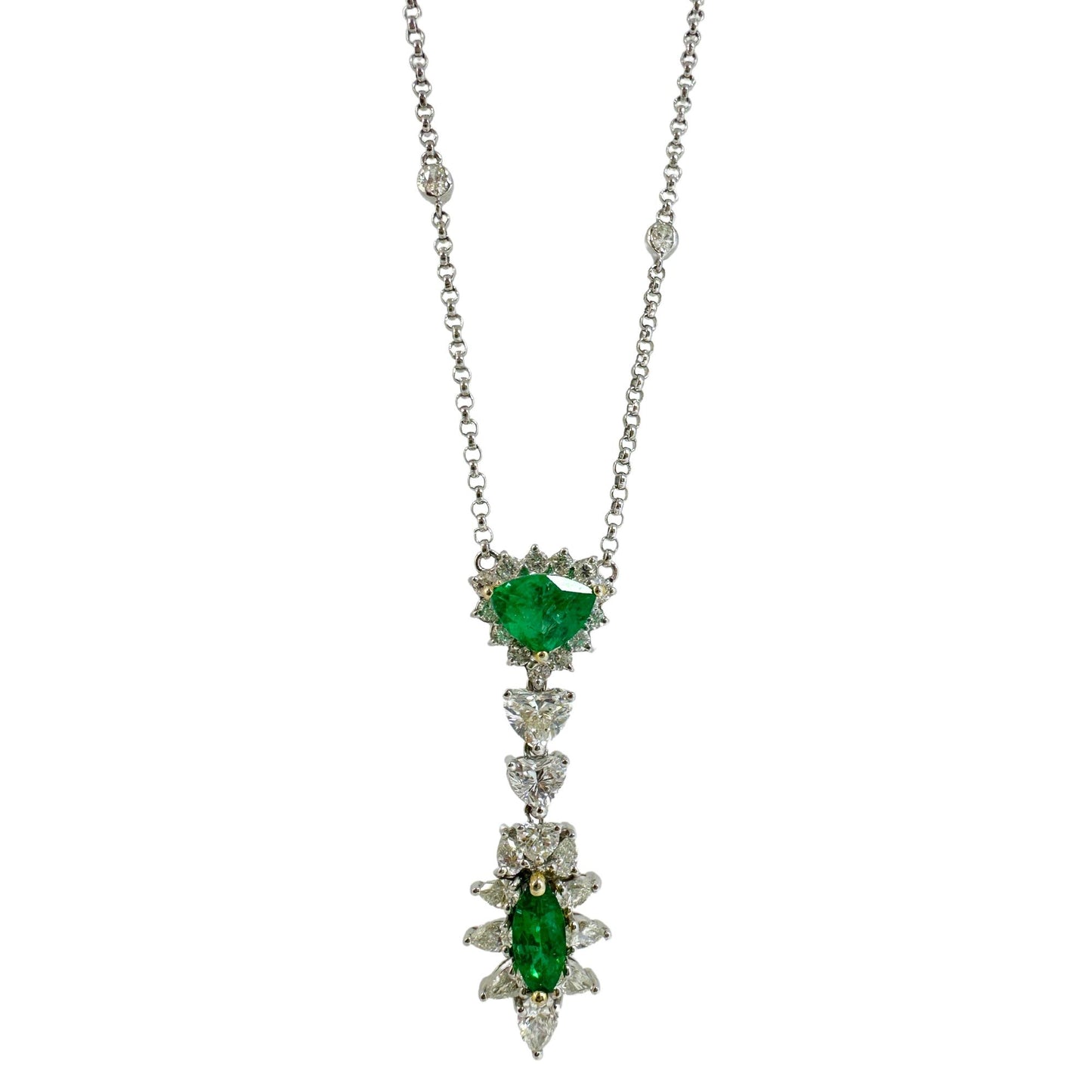 18k White Gold Pear,Heart Cut Diamond and Marquise,Trillion Cut Emerald Necklace