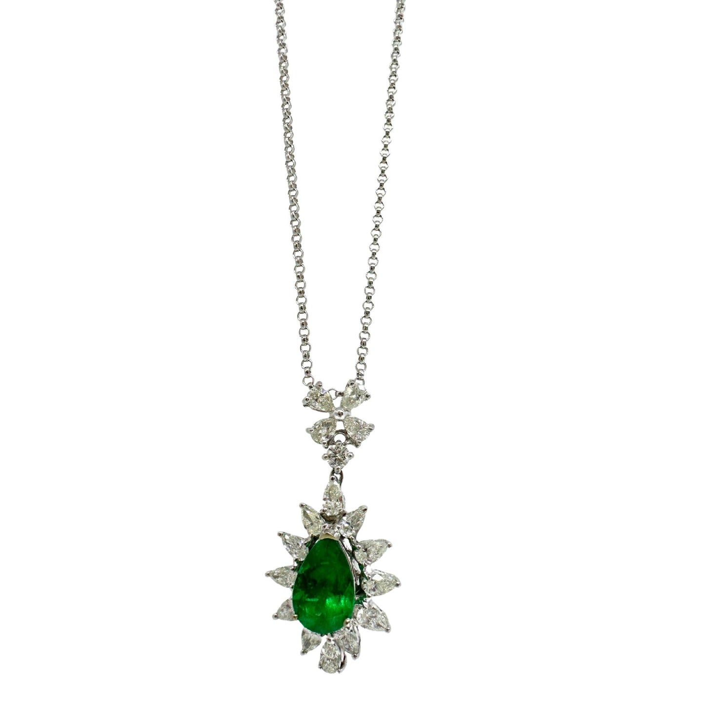 18K White Gold Pear Cut Diamond and Pear Cut Emerald Necklace