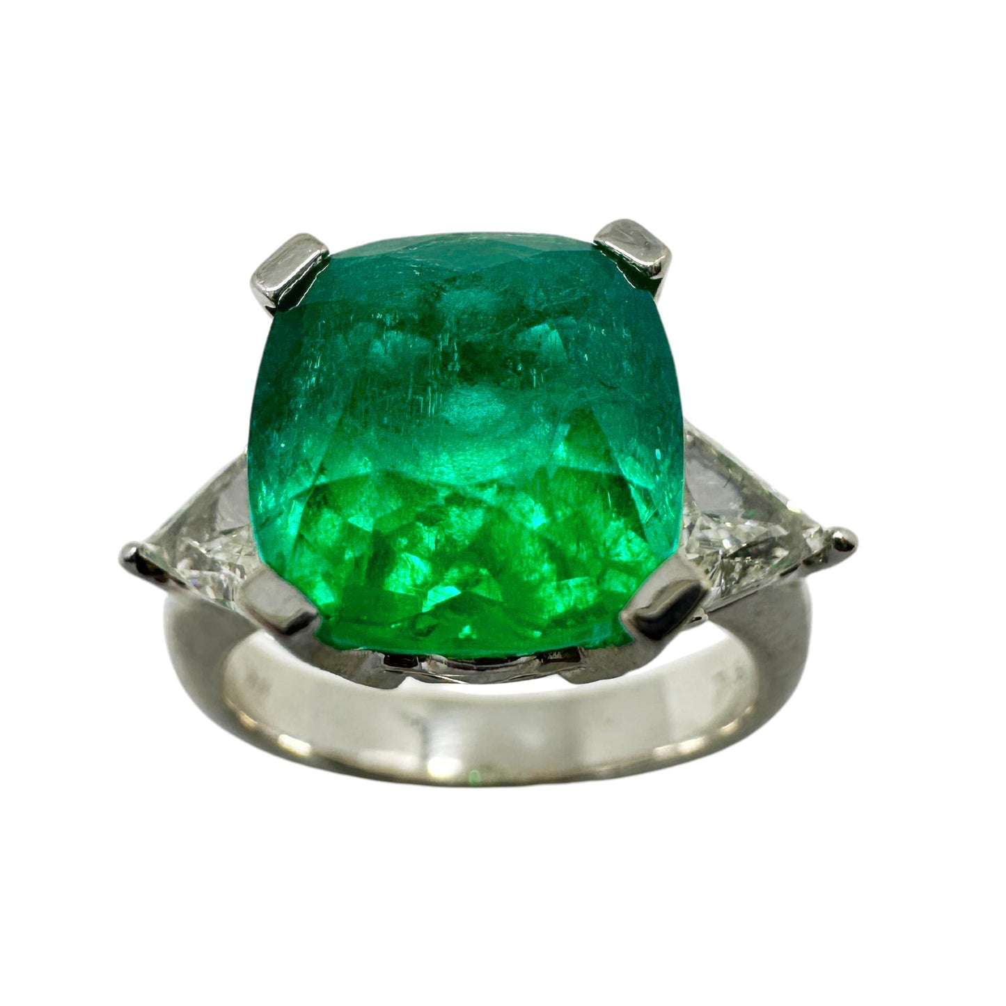 18k White Gold Columbian Cushion Natural Emerald and Trillion Cut Diamond Ring