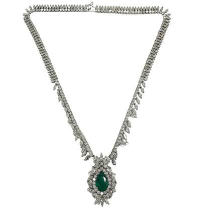 18K White Gold Marquise Cut Diamond and Pear Cut Emerald Necklace