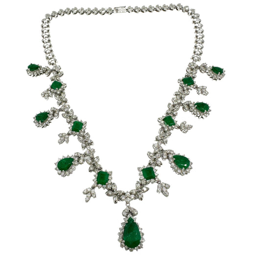 18K White Gold Diamond and Emerald Cut and Pear Cut Emerald Necklace