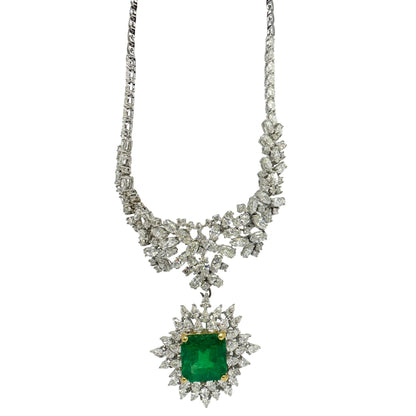 18K Two Tone Pear and Marquise Cut Diamond and Emerald Cut Emerald Necklace