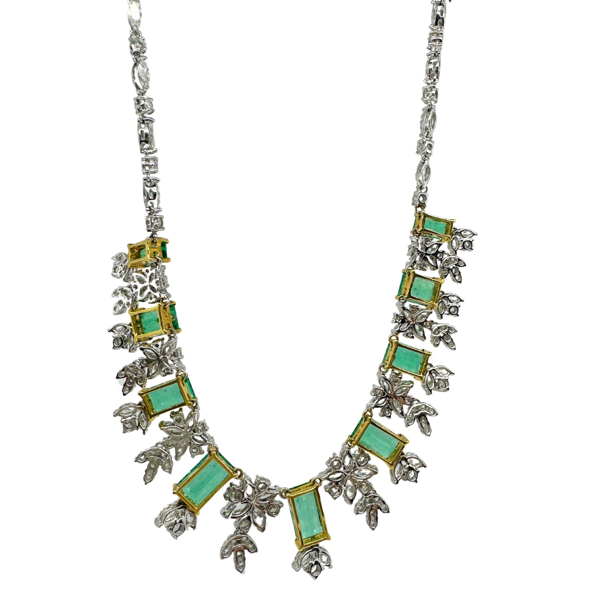 18K Yellow and White Gold Marquise Cut Diamond and Emerald Necklace