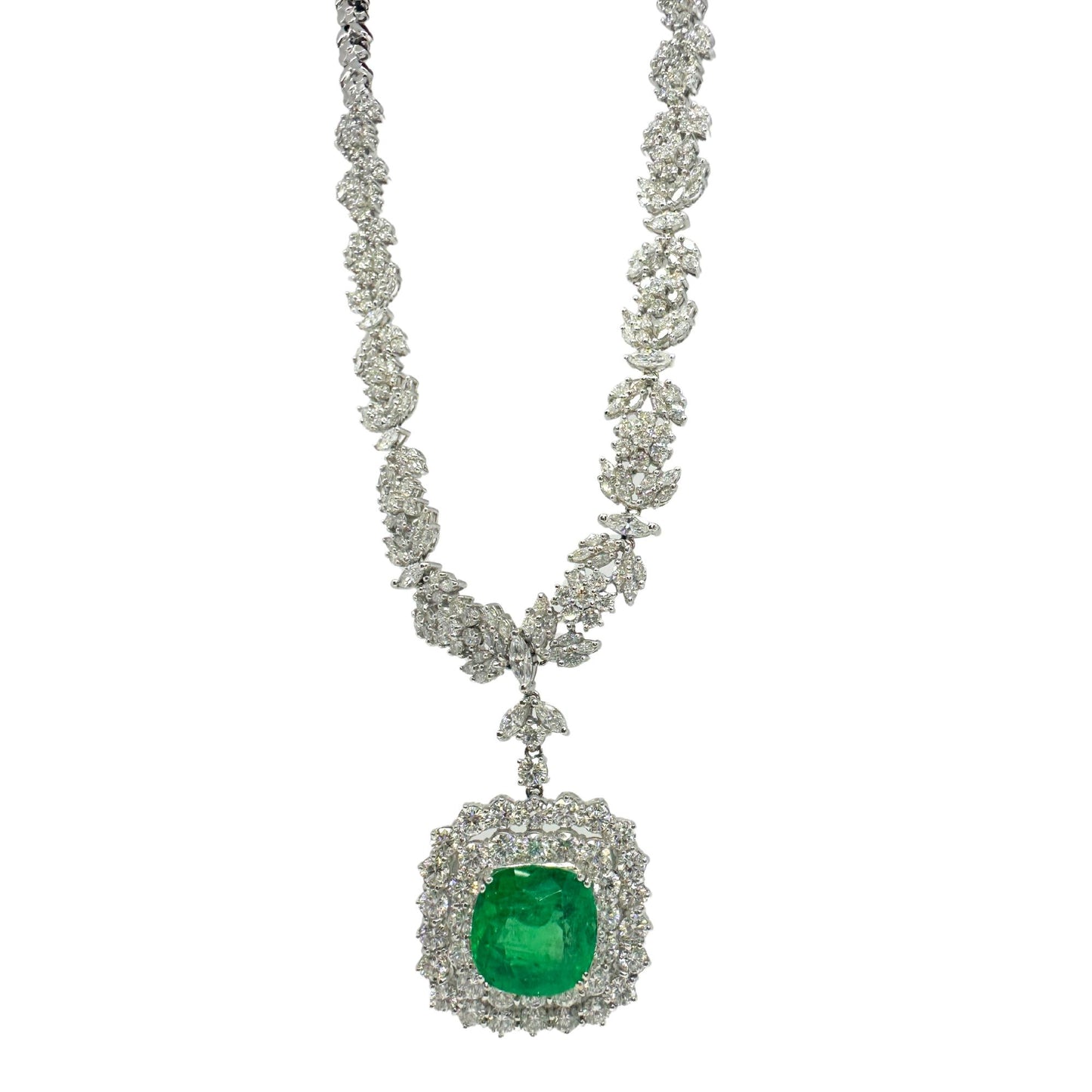 18K White Gold Diamond and Round Emerald Drop Necklace