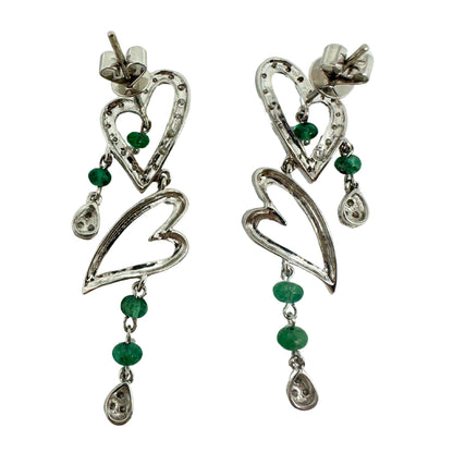 18k White Gold Diamond and Emerald Heart Drop Earrings