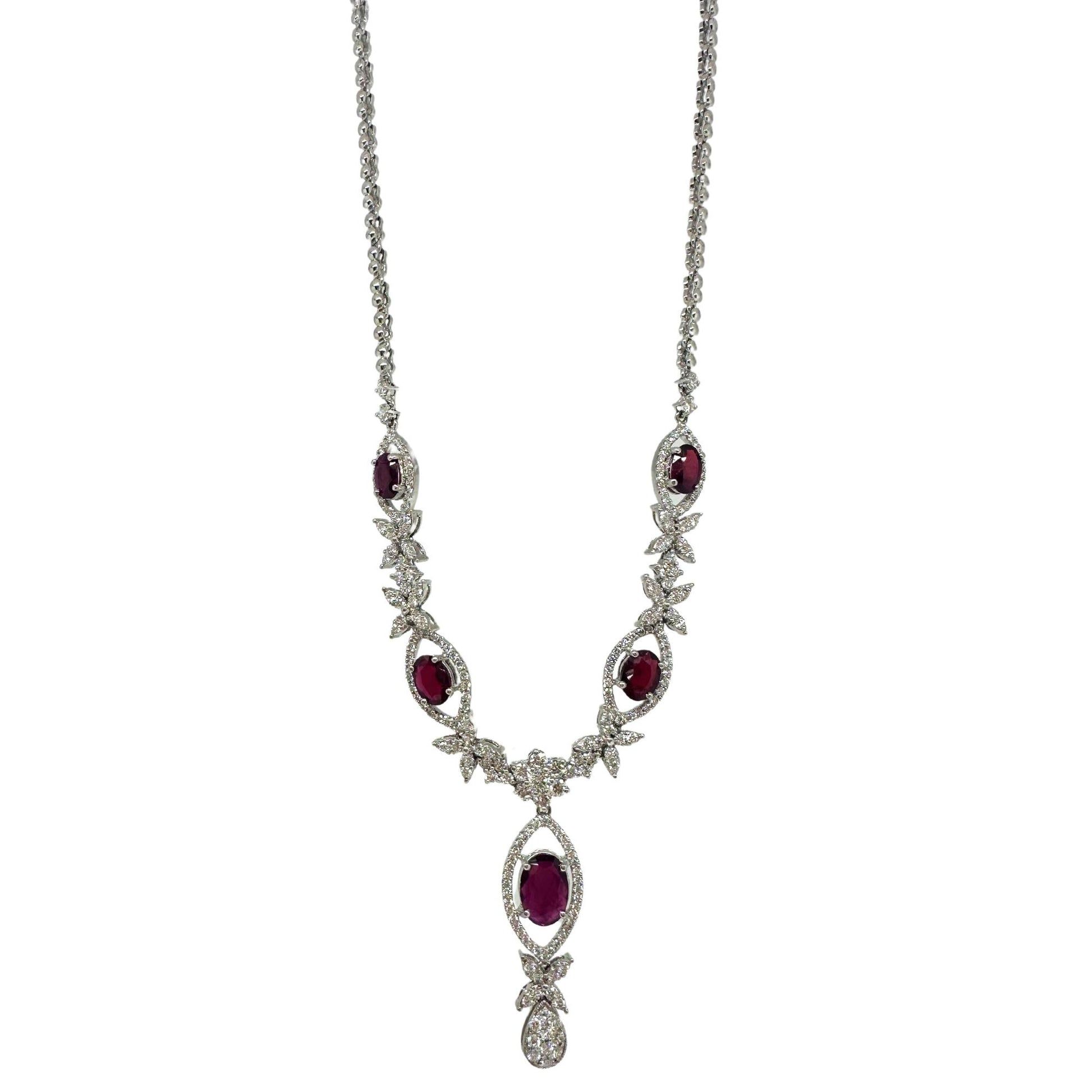 18K White Gold Diamond and Oval Ruby Necklace