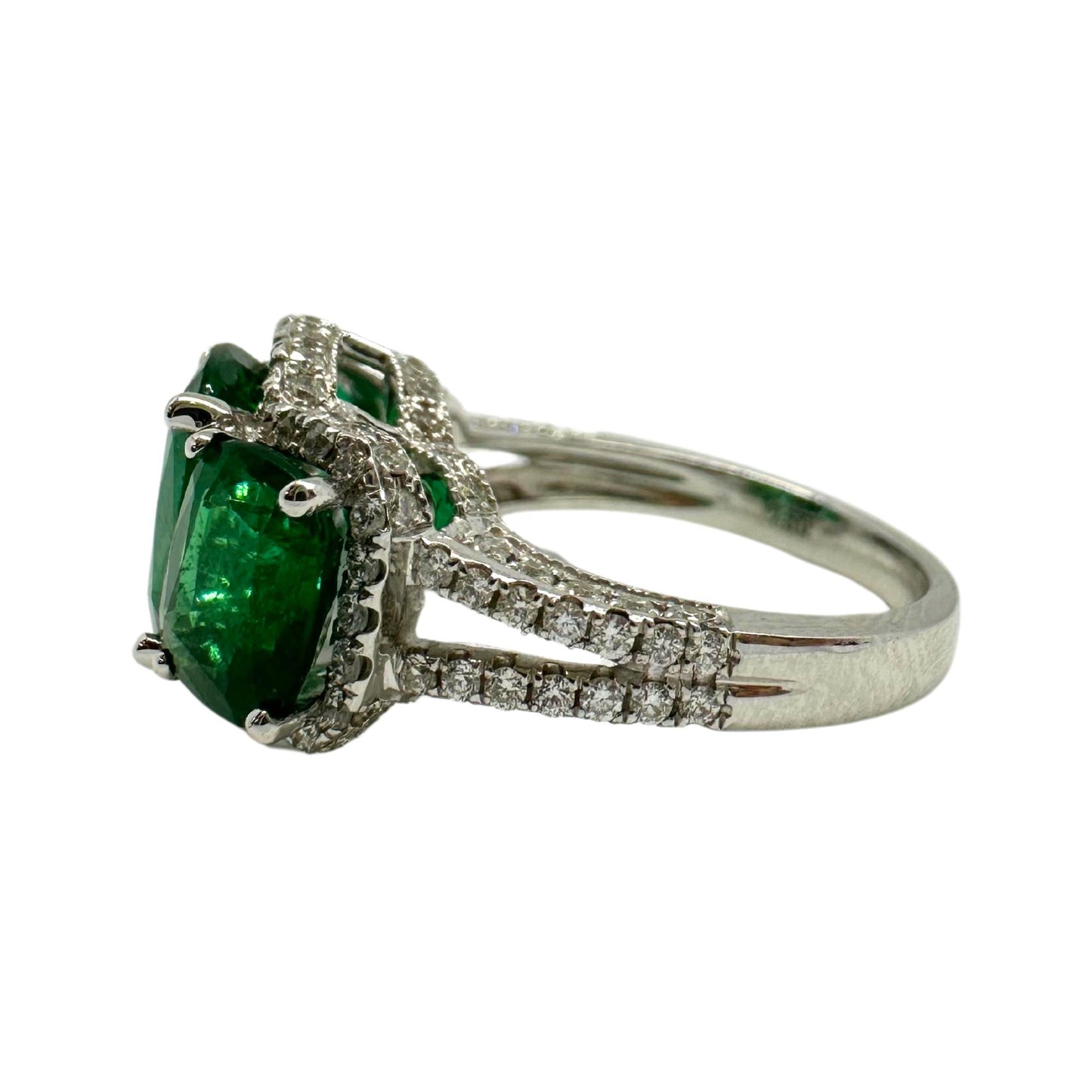 18K White Gold Diamond and Emerald Three Stone Ring