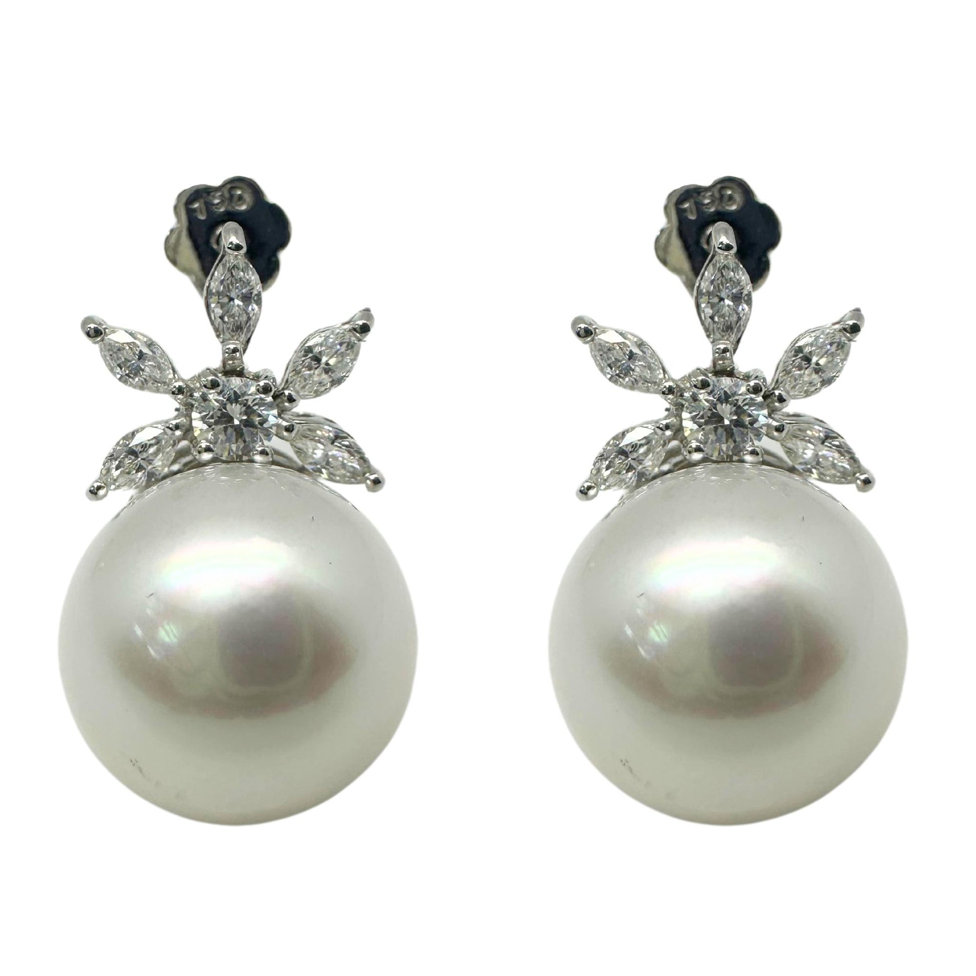 18K White Gold Marquise Cut Diamond and Pearl Earrings