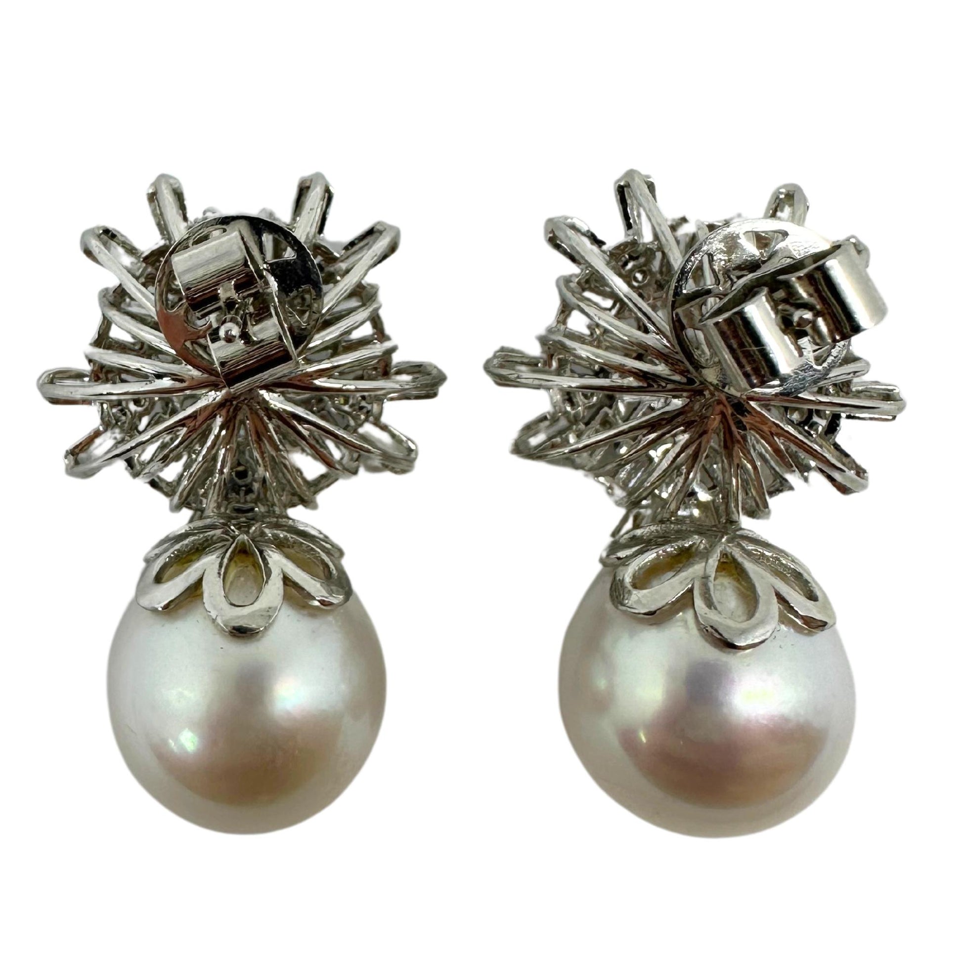 18K White Gold Baguette and Pear Cut Diamond and Pearl Earrings