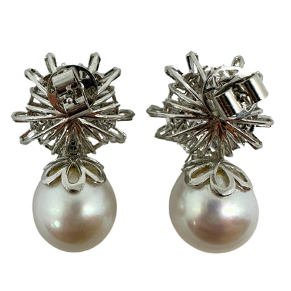 18K White Gold Baguette and Pear Cut Diamond and Pearl Earrings