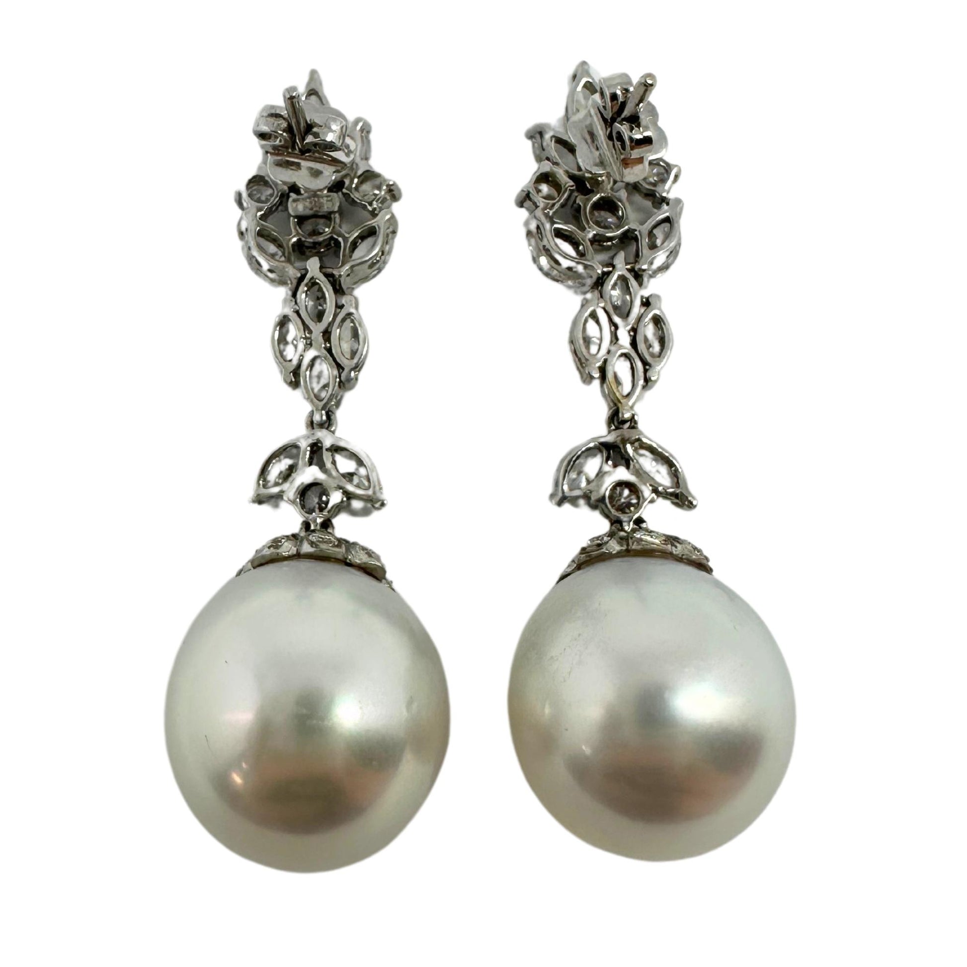 18K White Gold Marquise Cut Diamond and Pearl Drop Earrings