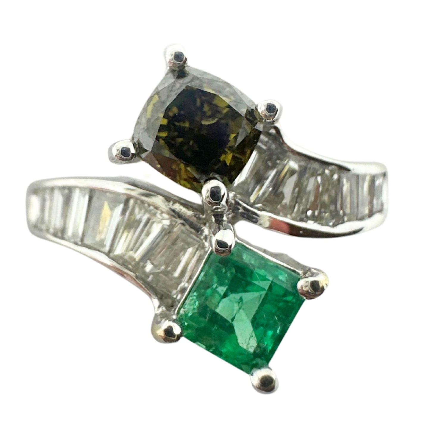 18K White Gold Brown Diamond, Baguette-Cut White Diamond, and Emerald Toi et Moi