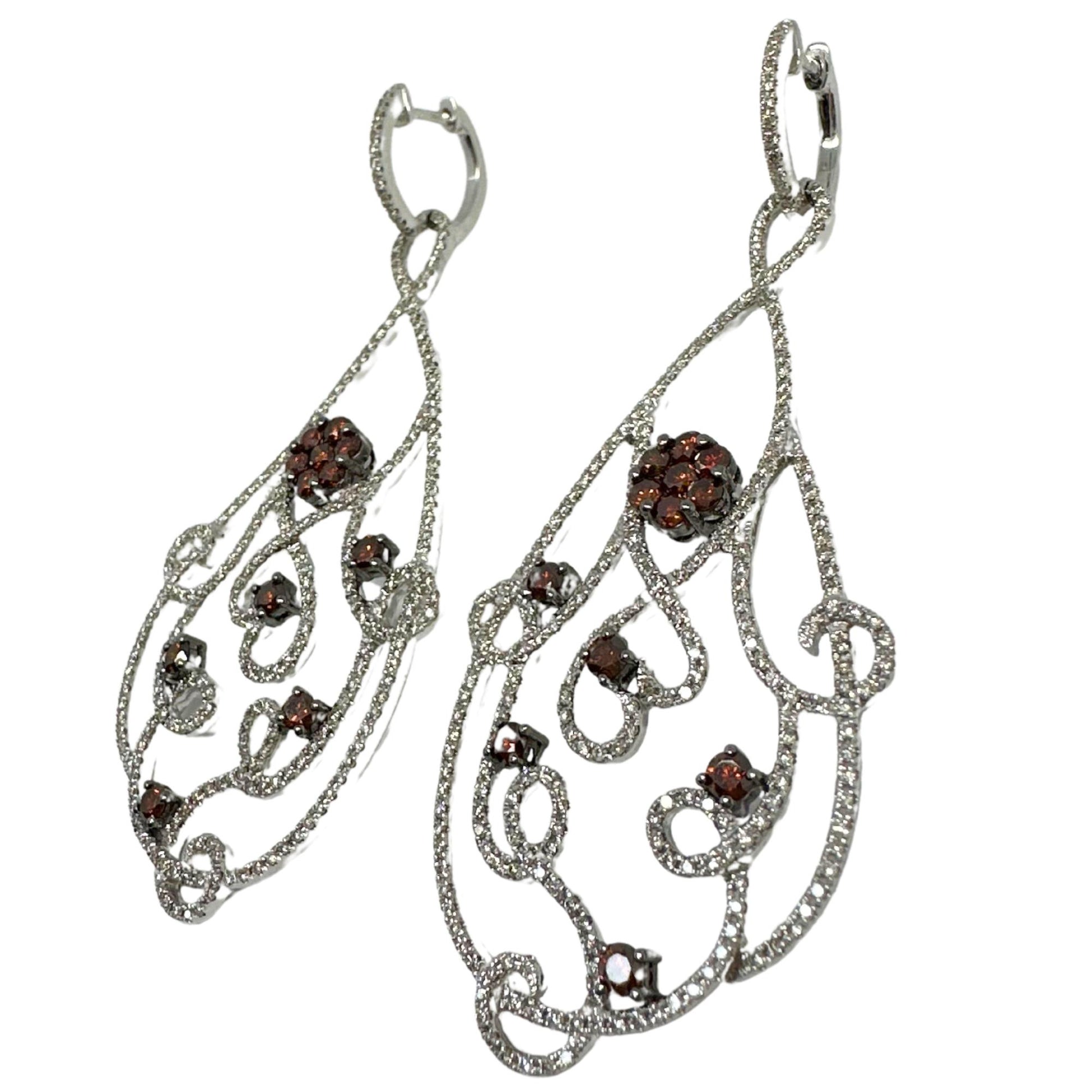 18K White Gold Brown and White Diamond Flower Drop Earrings