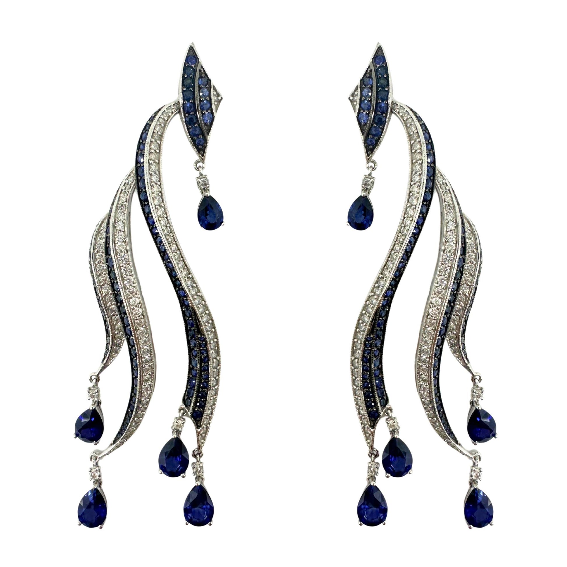 18K White Gold Diamond and Pear Cut Sapphire Flowing Casade Earrings