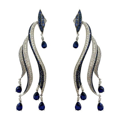 18K White Gold Diamond and Pear Cut Sapphire Flowing Casade Earrings