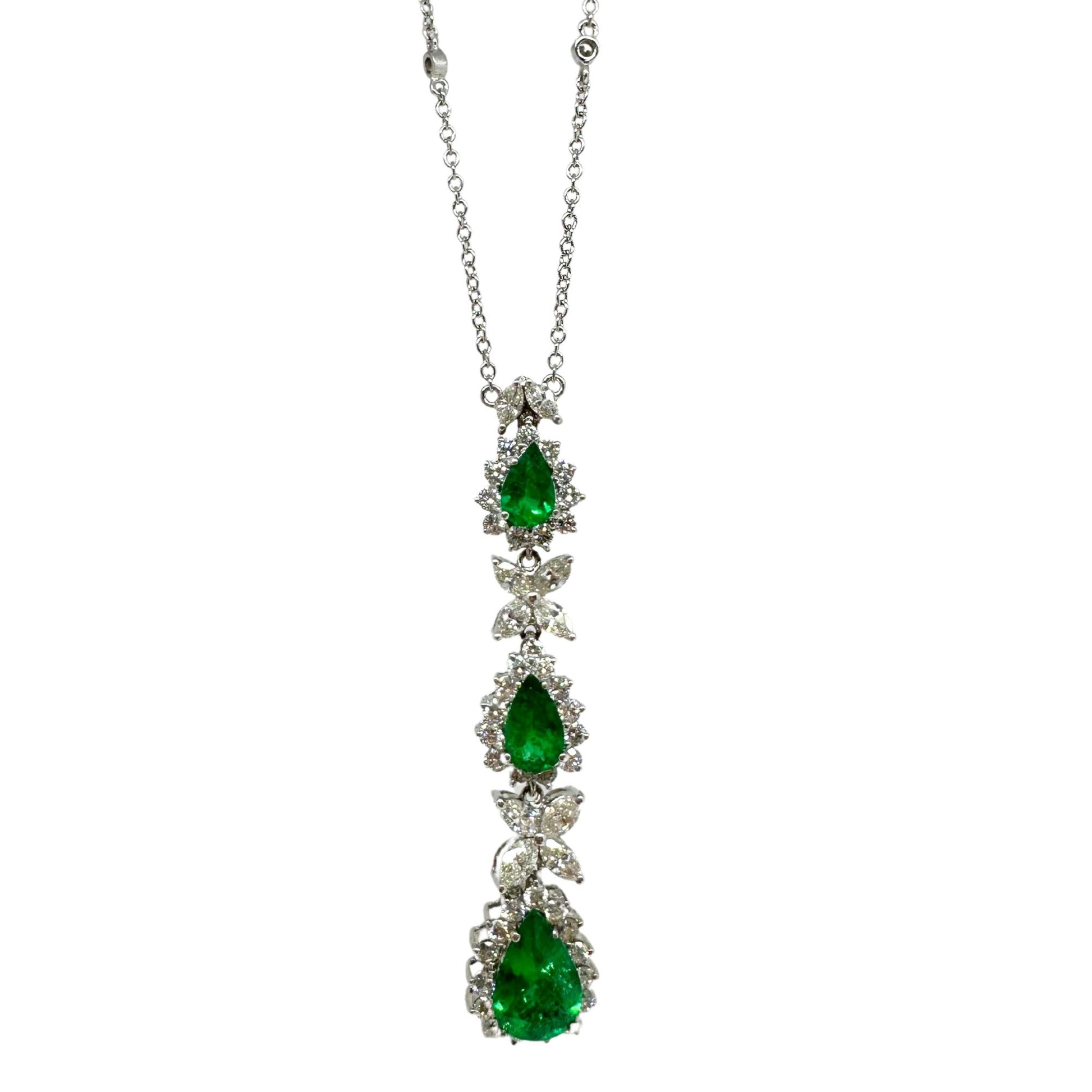18K White Gold Marquise Cut Diamond and Pear Cut Emerald Necklace