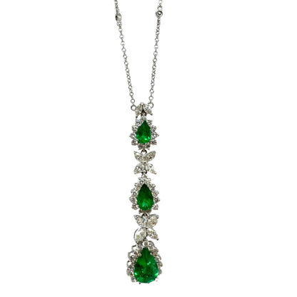 18K White Gold Marquise Cut Diamond and Pear Cut Emerald Necklace