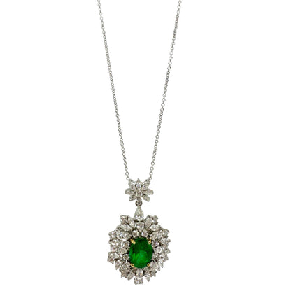 18K White Gold Diamond and Oval Cut Emerald Pendant Necklace