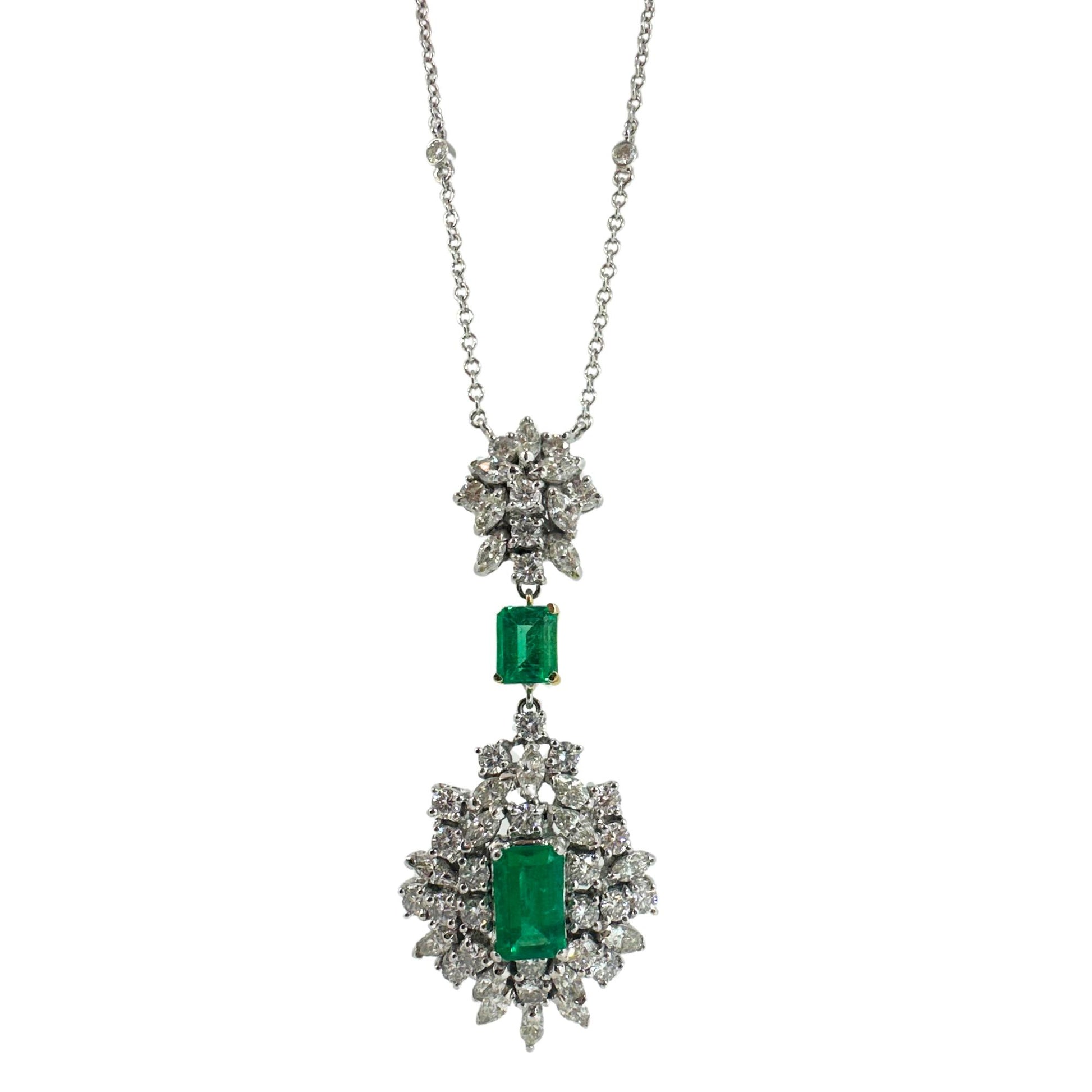 18K Two Tone Diamond and Emerald Pendant Necklace