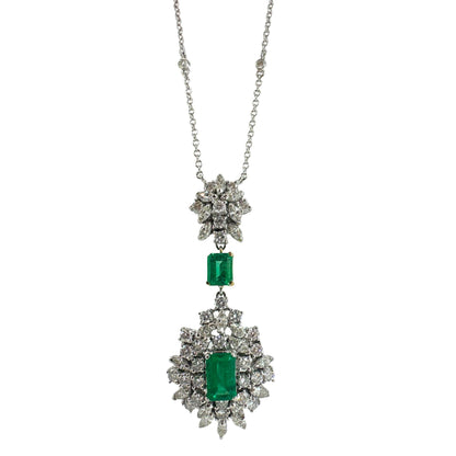 18K Two Tone Diamond and Emerald Pendant Necklace