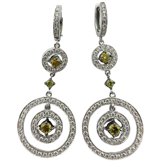 18K White Gold White and Yellow Diamond Drop Earrings